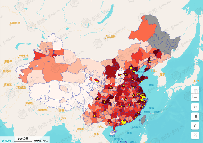 图/中国地区生产总值分布图和喜茶门店分布图