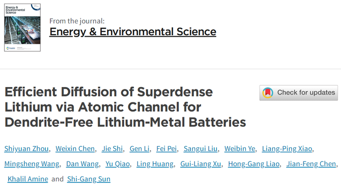 孙世刚院士/廖洪钢教授ees:锂原子通道实现无枝晶锂沉积