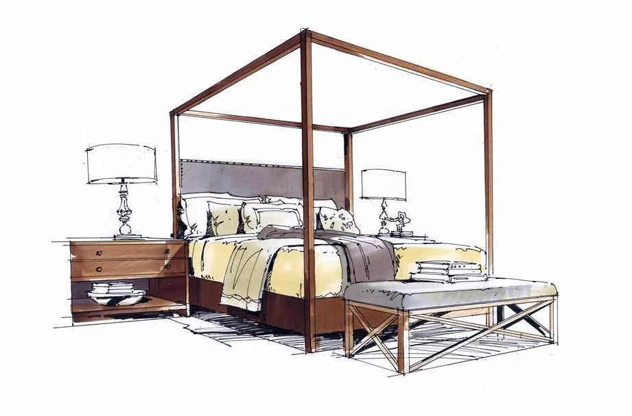室内设计手绘"床"不同手法表现!