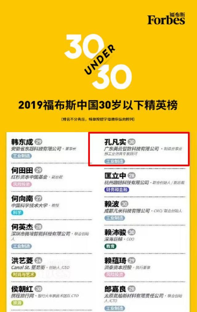 美云智数工业仿真孔凡实上榜"2019福布斯中国30岁以下精英榜"