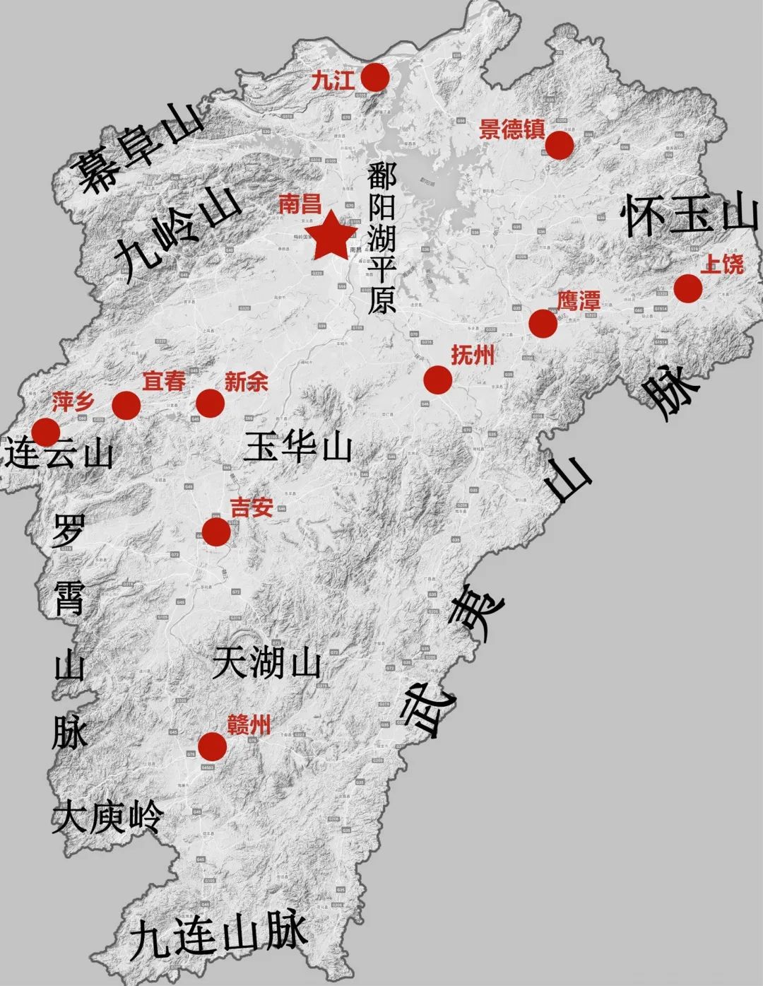 江西省的地形图和省内主要城市               随着中国经济