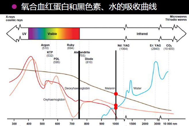 吸收曲线来看,波长1064nd:yag激光的色基包括黑色素,血红蛋白和水分子