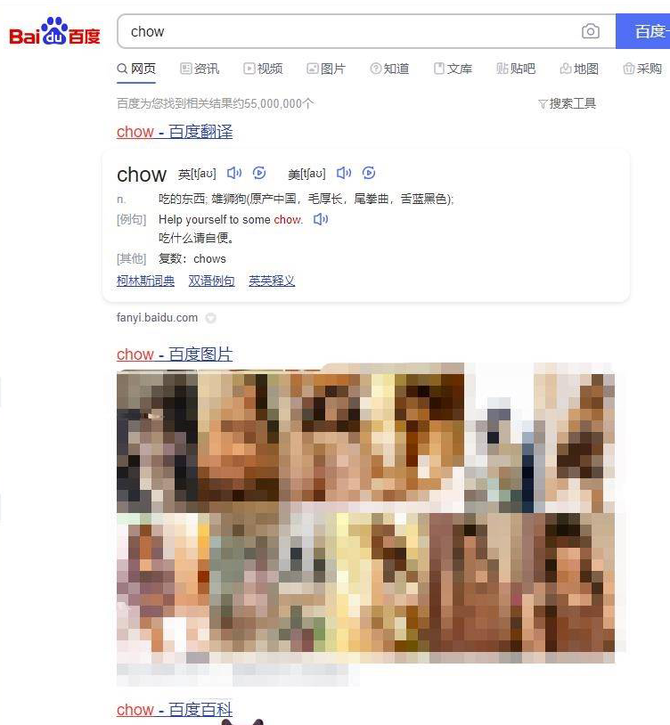 而在图片的搜索结果中"chow"的关键词下出现数张衣着暴露的女子图片.