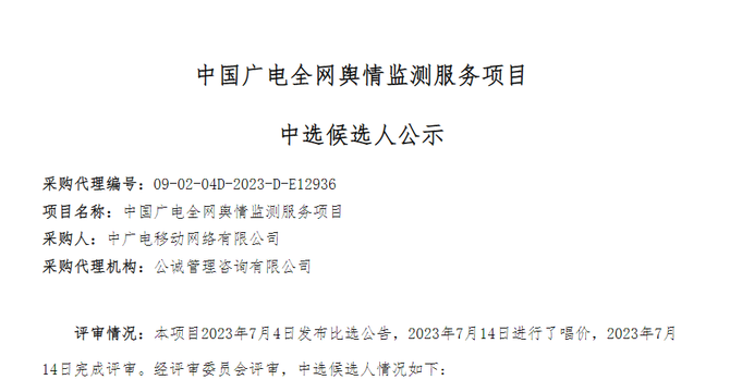 众视AsiaOTT, 候选人公示！中国广电全网舆情监测服务项目中选候选人公示