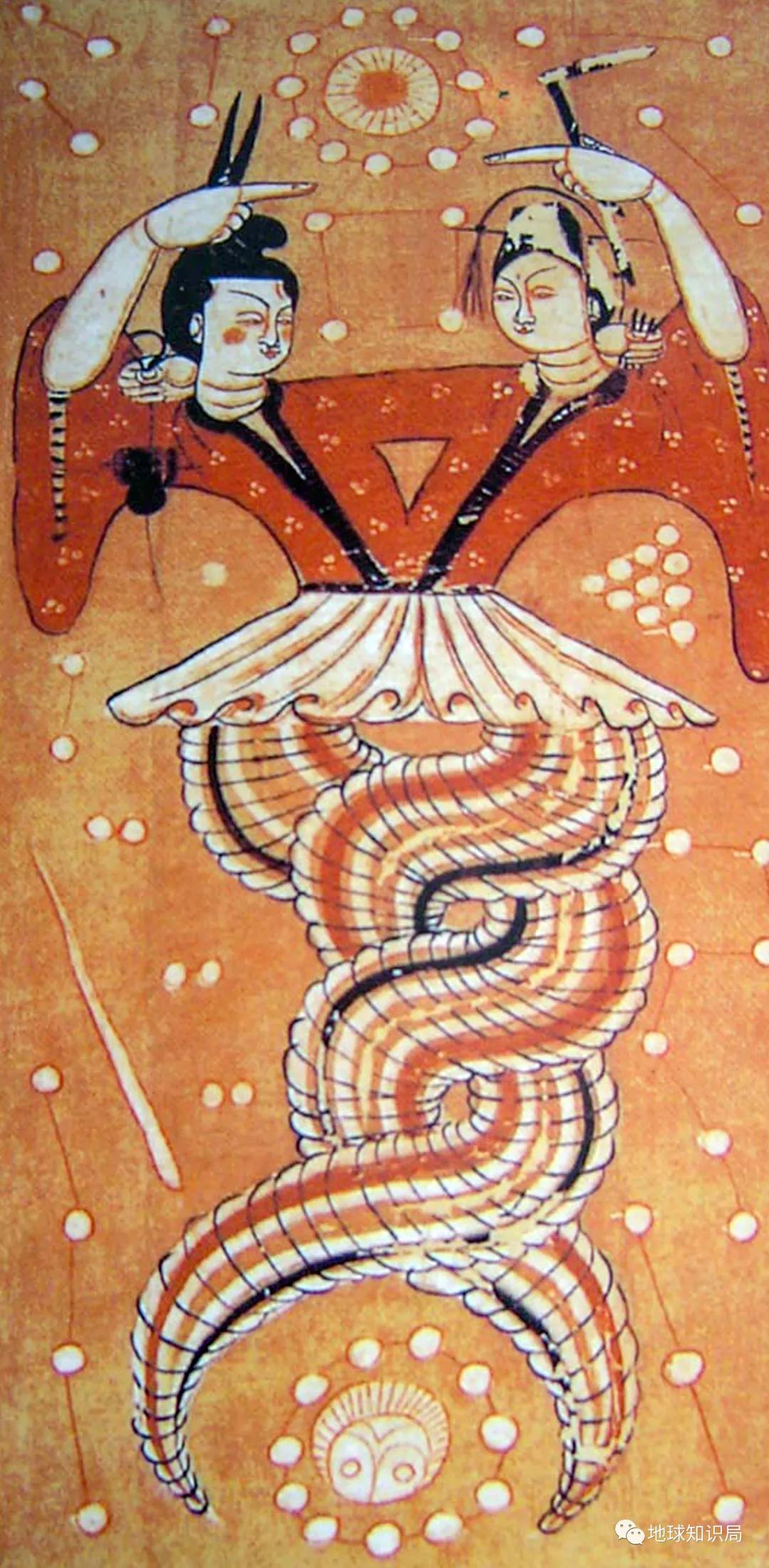 先民们认为人首蛇身的伏羲,女娲是始祖;埃及神话中的神灵有狮身人面