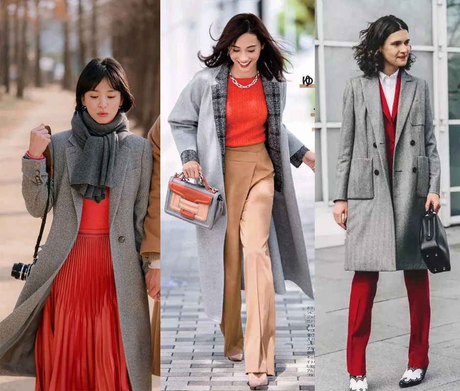 灰色 红色冬天,挑一件灰色的羊毛呢大衣,搭配垂坠感十足的粉色阔腿裤