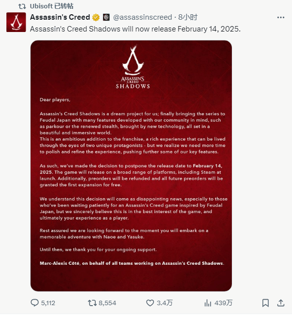 The game Gyro, Assassin's Creed's new work has been postponed, and it has fallen into the quagmire of political correctness, and more than half of Ubisoft's market value has evaporated in 7 months