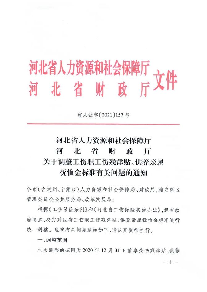 河北關於調整工傷職工傷殘津貼供養親屬撫卹金標準有關問題的通知冀人