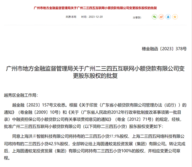 镭射财经, 落定！圆通全资收购一张网络小贷牌照