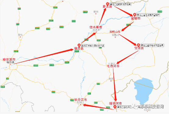 依蘭—佳木斯—蘿北—富錦—雙鴨山—寶清—七臺河—綏芬河—牡