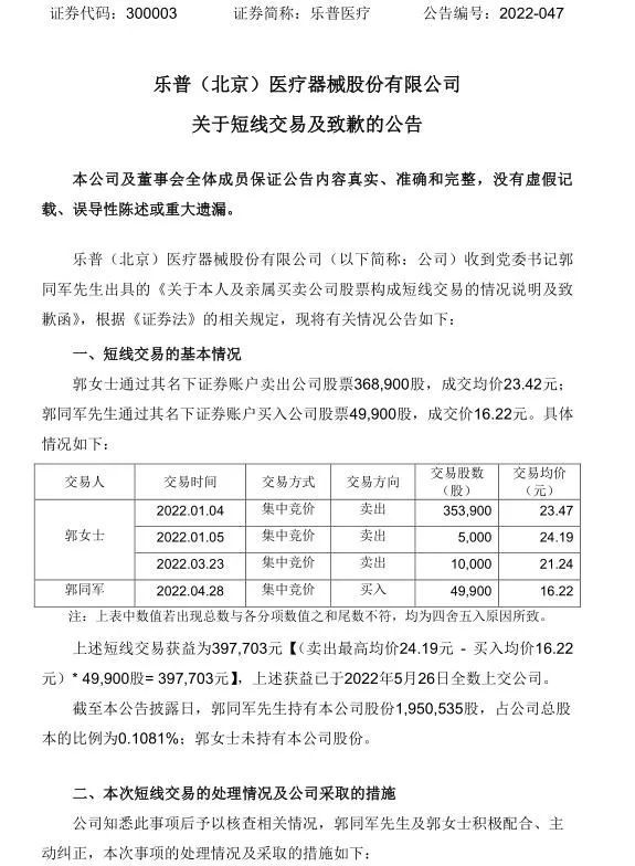 乐普医疗副总裁郭同军及亲属短线交易获益39万已上交公司