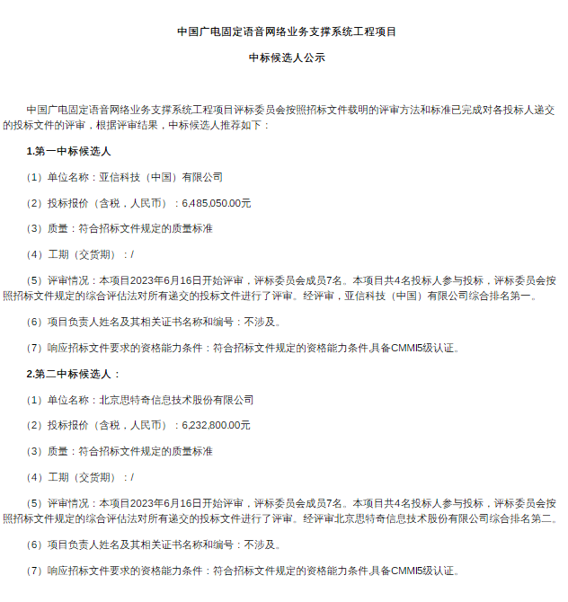 新知达人, 候选人公示！中国广电固话业务建设相关项目