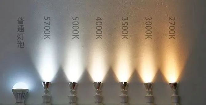 直观表达6种常见色温:2700k,3000k,3500k,4000k,5000k,5700k.