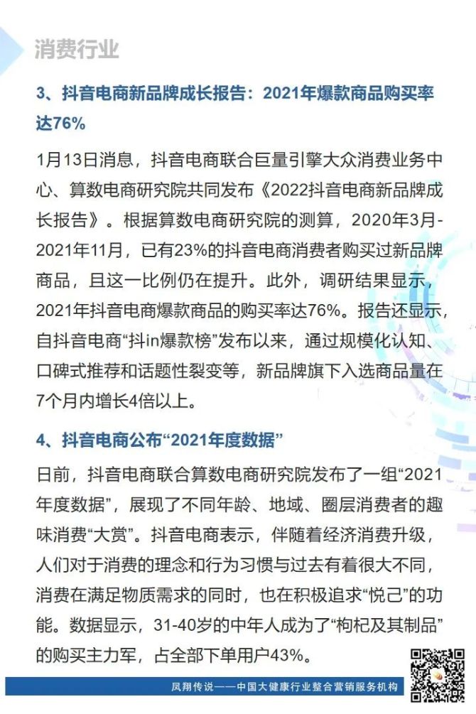 新知达人, 【凤说快讯】康恩贝与康臣药业达成合作；抖音电商公布“2021年度数据”；2021中国互联网广告数据报告发布