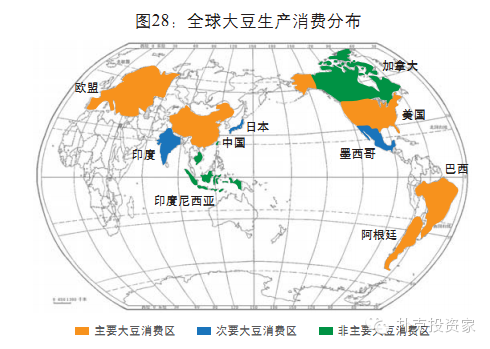 图:全球大豆产量分布我国大豆产量位居世界第四.