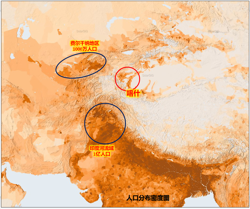 分布图:新疆喀什附近有两个人口密度非常大的地区,它们分别是中亚的